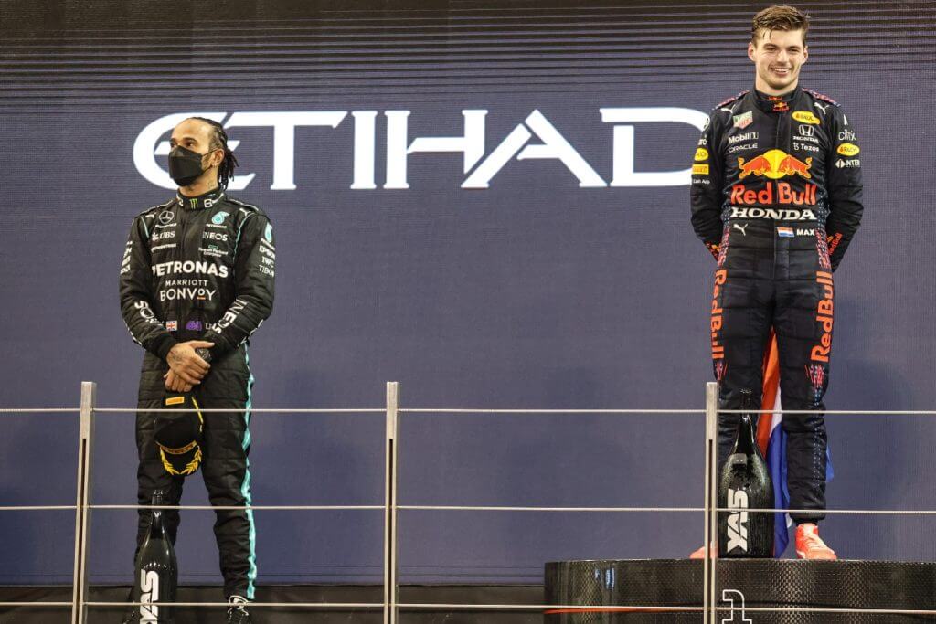 2021 Abu Dhabi GP Podium with Max on the top step and Lewis on P2 step